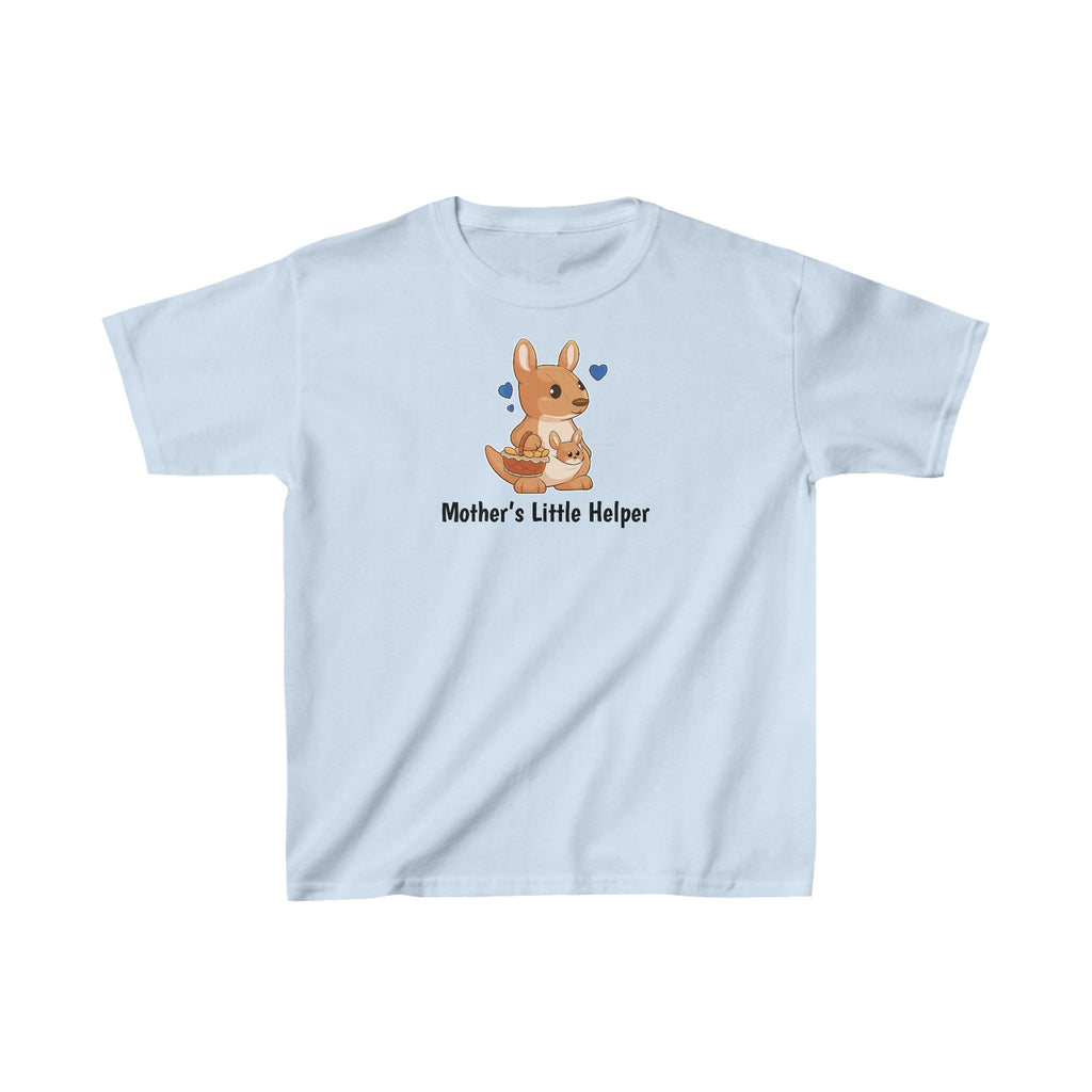 A short-sleeve light blue shirt with a picture of a kangaroo that says Mother's Little Helper.