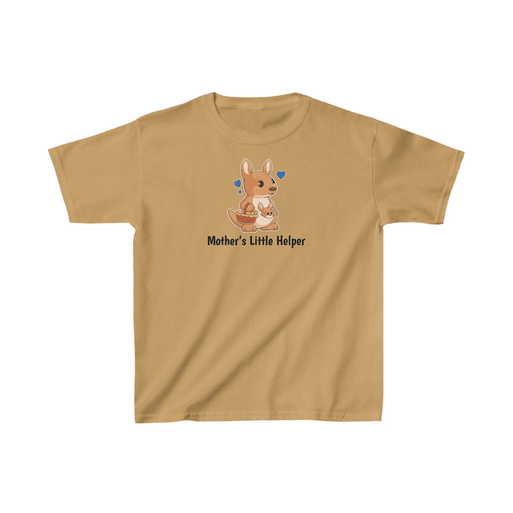 A short-sleeve old gold shirt with a picture of a kangaroo that says Mother's Little Helper.