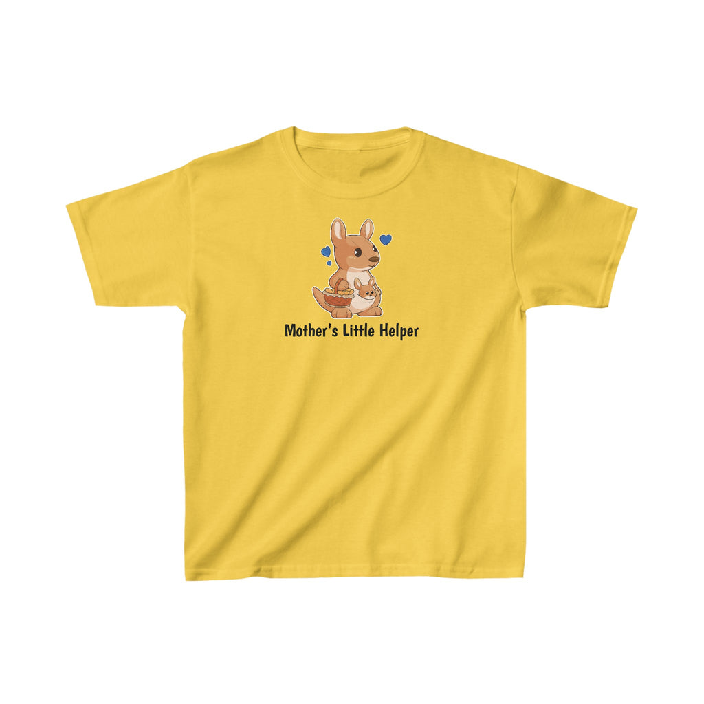 A short-sleeve yellow shirt with a picture of a kangaroo that says Mother's Little Helper.