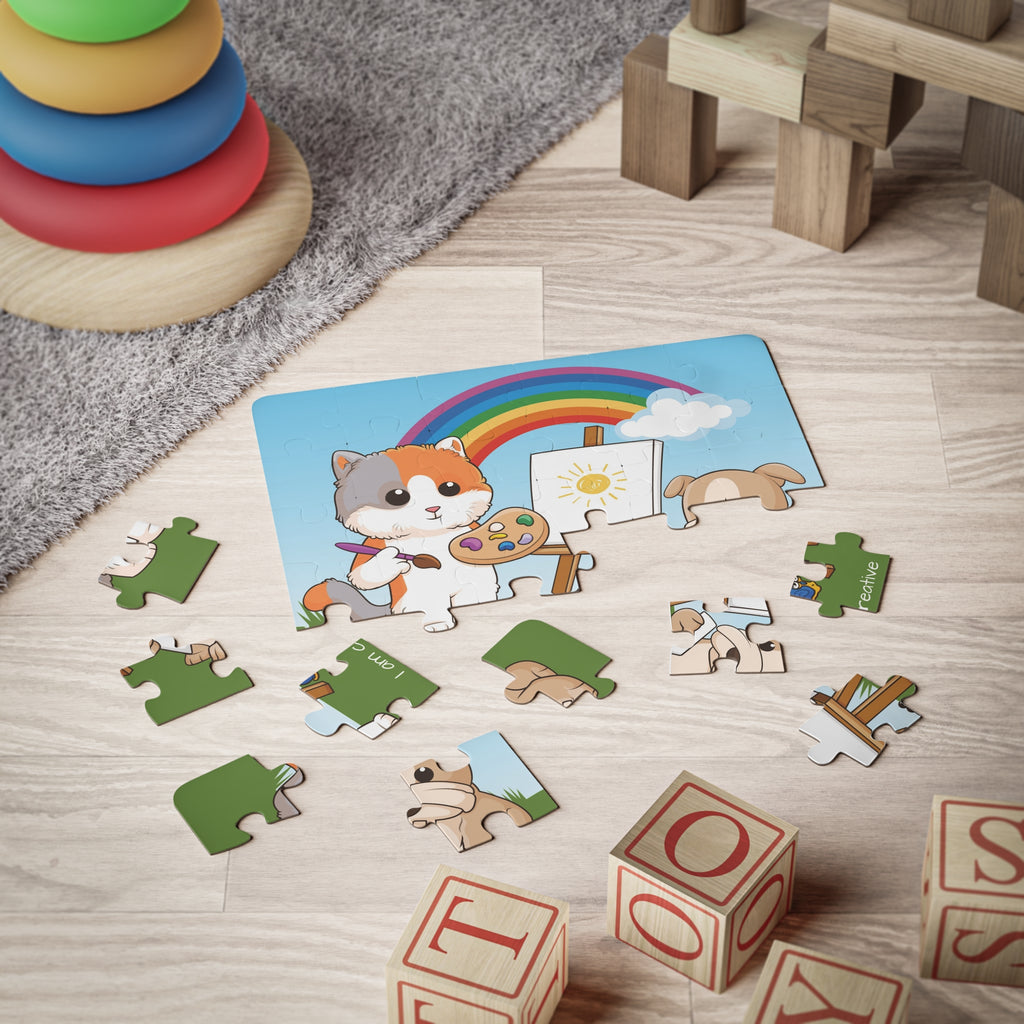 A 30 piece puzzle with a scene of a cat painting on a canvas next to a dog, a rainbow in the background, and the phrase "I am creative" along the bottom. The puzzle is partially assembled on the floor of a child's playroom.