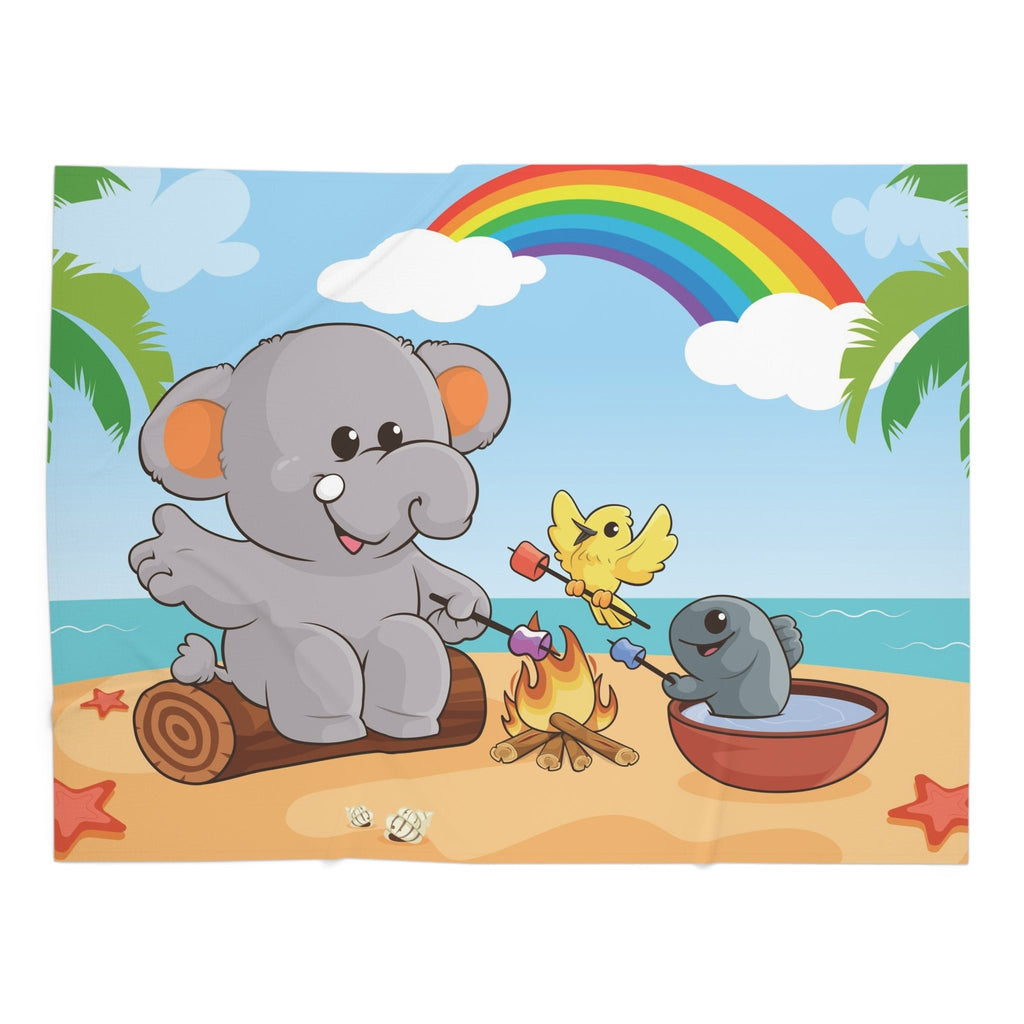 Full-color swaddle blanket with a scene of an elephant having a bonfire with a bird and fish on the beach, a rainbow in the background, and the phrase "I am calm" along the bottom.