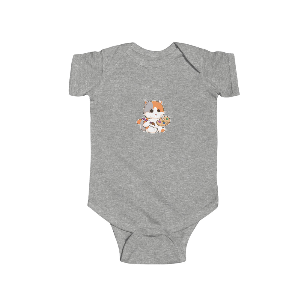 A heather grey baby onesie with a picture of a cat.