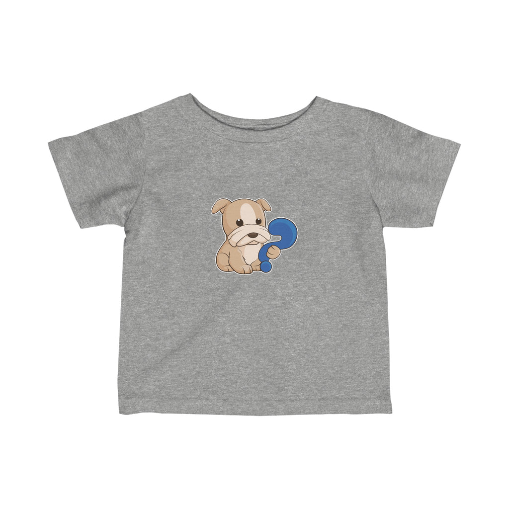 A short-sleeve heather grey shirt with a picture of a dog.