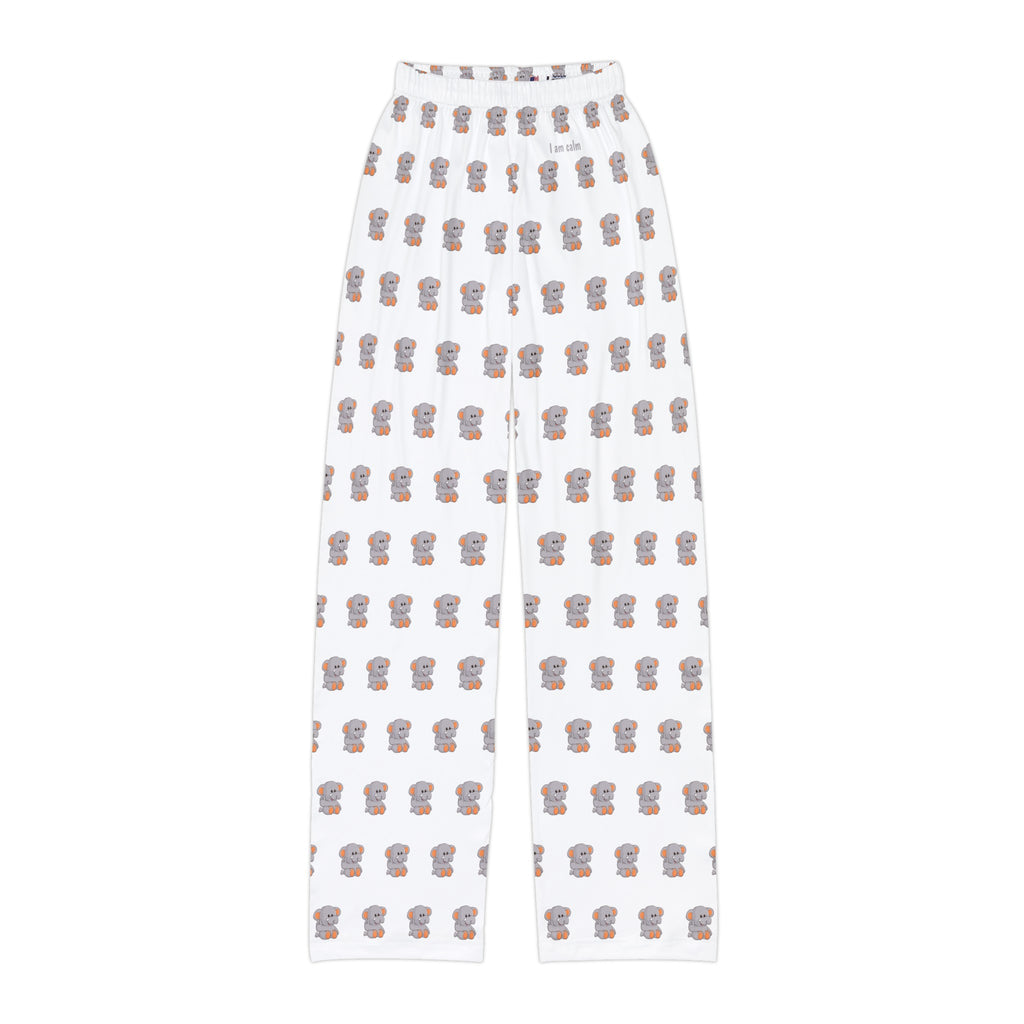 White pajama pants with a repeated pattern of an elephant and the phrase “I am calm” on the front left waist.