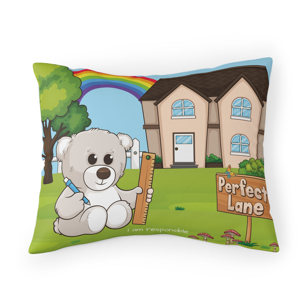 A pillowcase with a scene of a bear sitting in the yard of its house, a rainbow in the background, and the phrase "I am responsible" along the bottom.