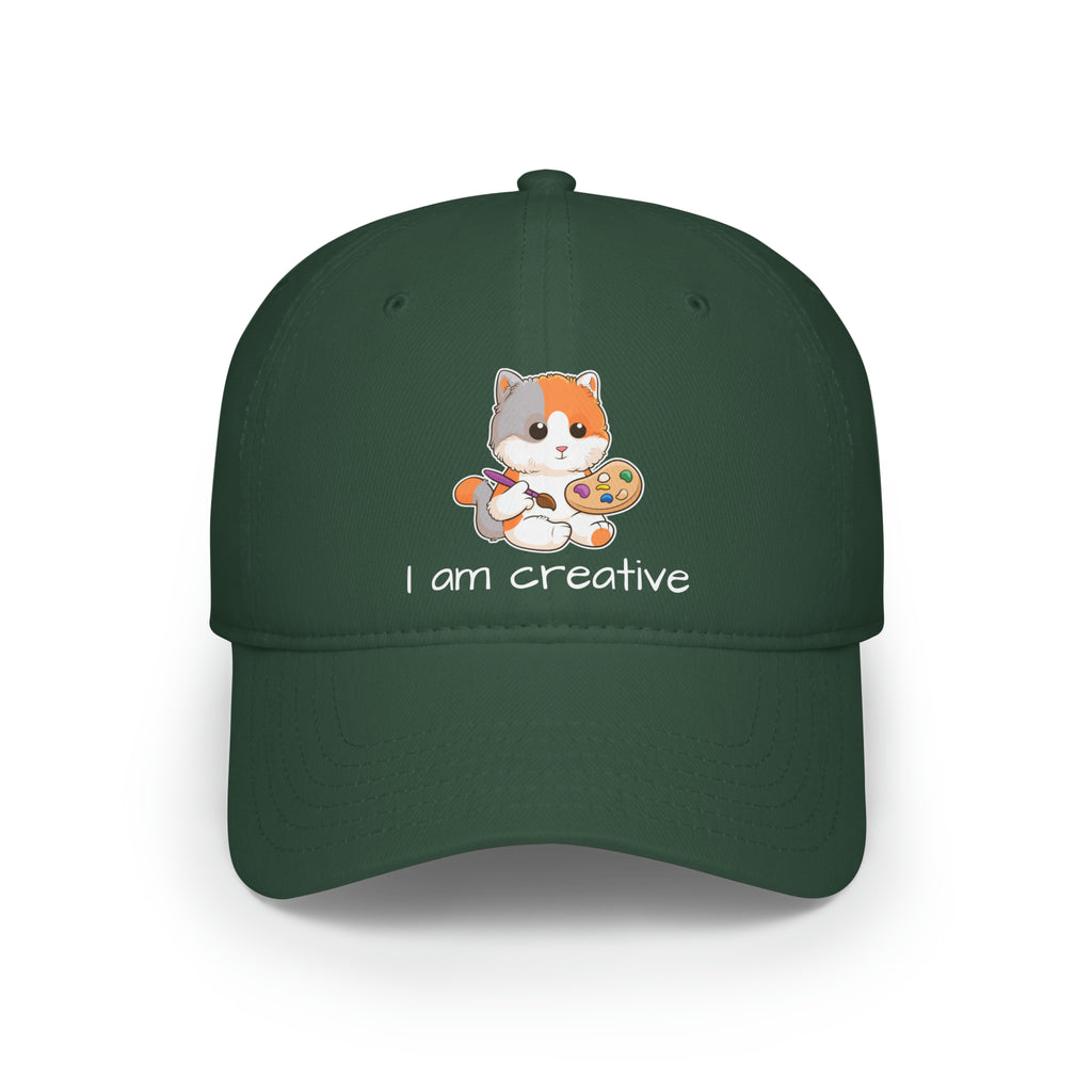 Front-view of a dark green baseball hat with a picture of a cat that says I am creative.