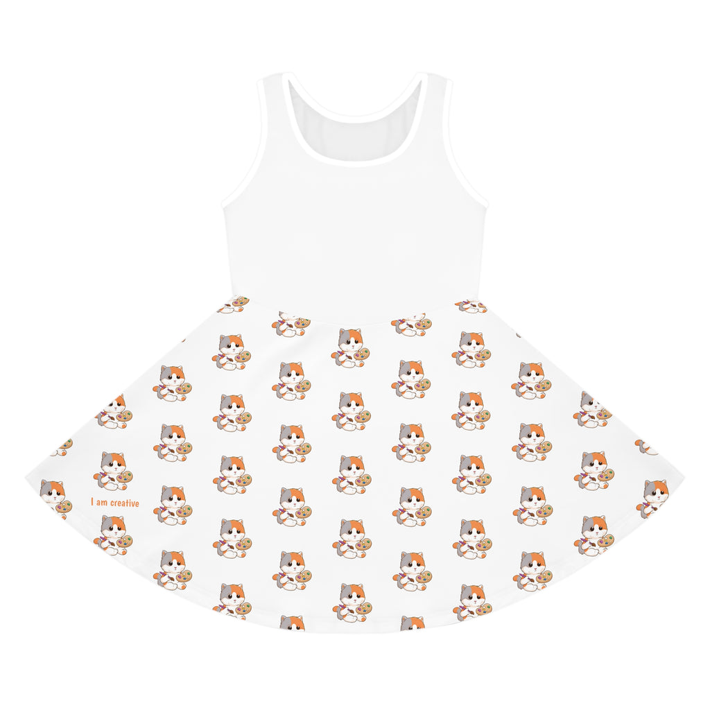 Front-view of a sleeveless white dress with a white top and a repeating pattern of a cat on the skirt.