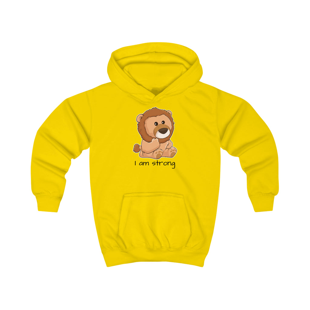 A yellow hoodie with a picture of a lion that says I am strong.