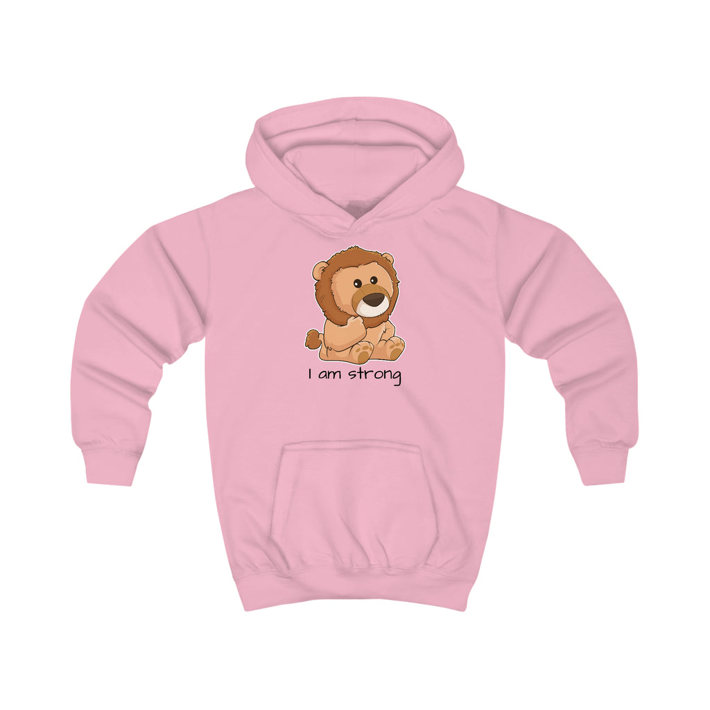 A light pink hoodie with a picture of a lion that says I am strong.