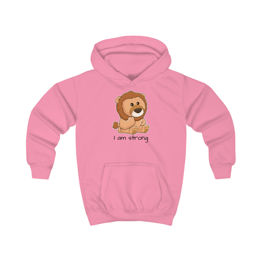 A pink hoodie with a picture of a lion that says I am strong.