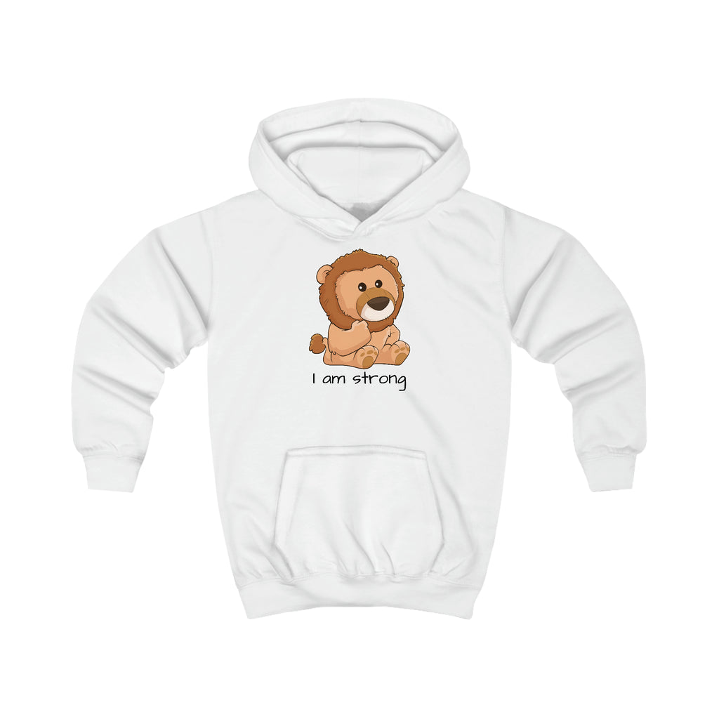 A white hoodie with a picture of a lion that says I am strong.