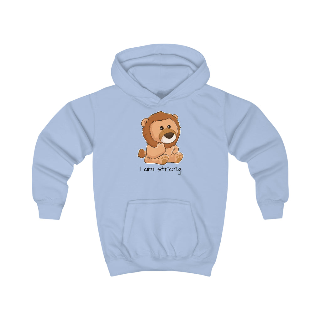 A light blue hoodie with a picture of a lion that says I am strong.