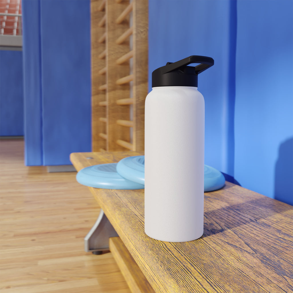 A 32 ounce white stainless steel water bottle with a black screw-on lid sitting on a gym bench.