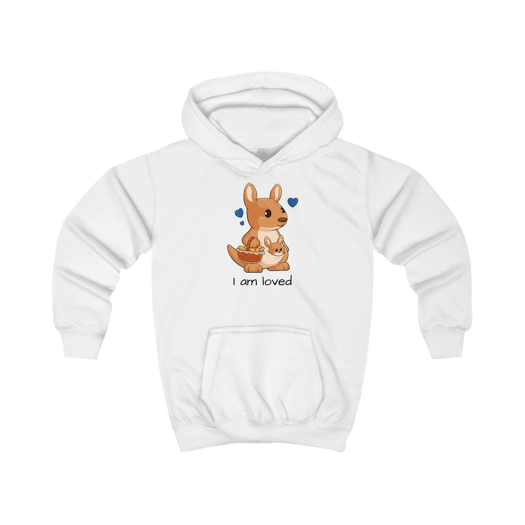 A white hoodie with a picture of a kangaroo that says I am loved.