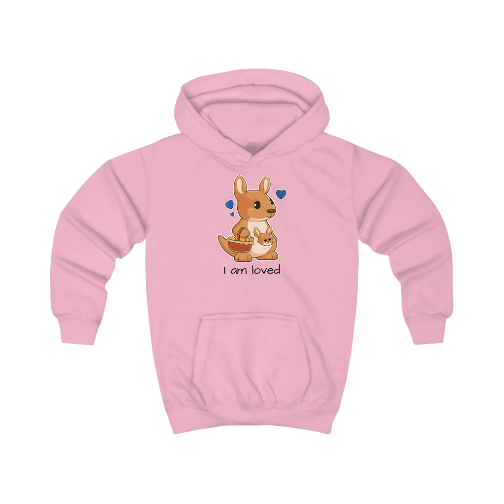 A light pink hoodie with a picture of a kangaroo that says I am loved.
