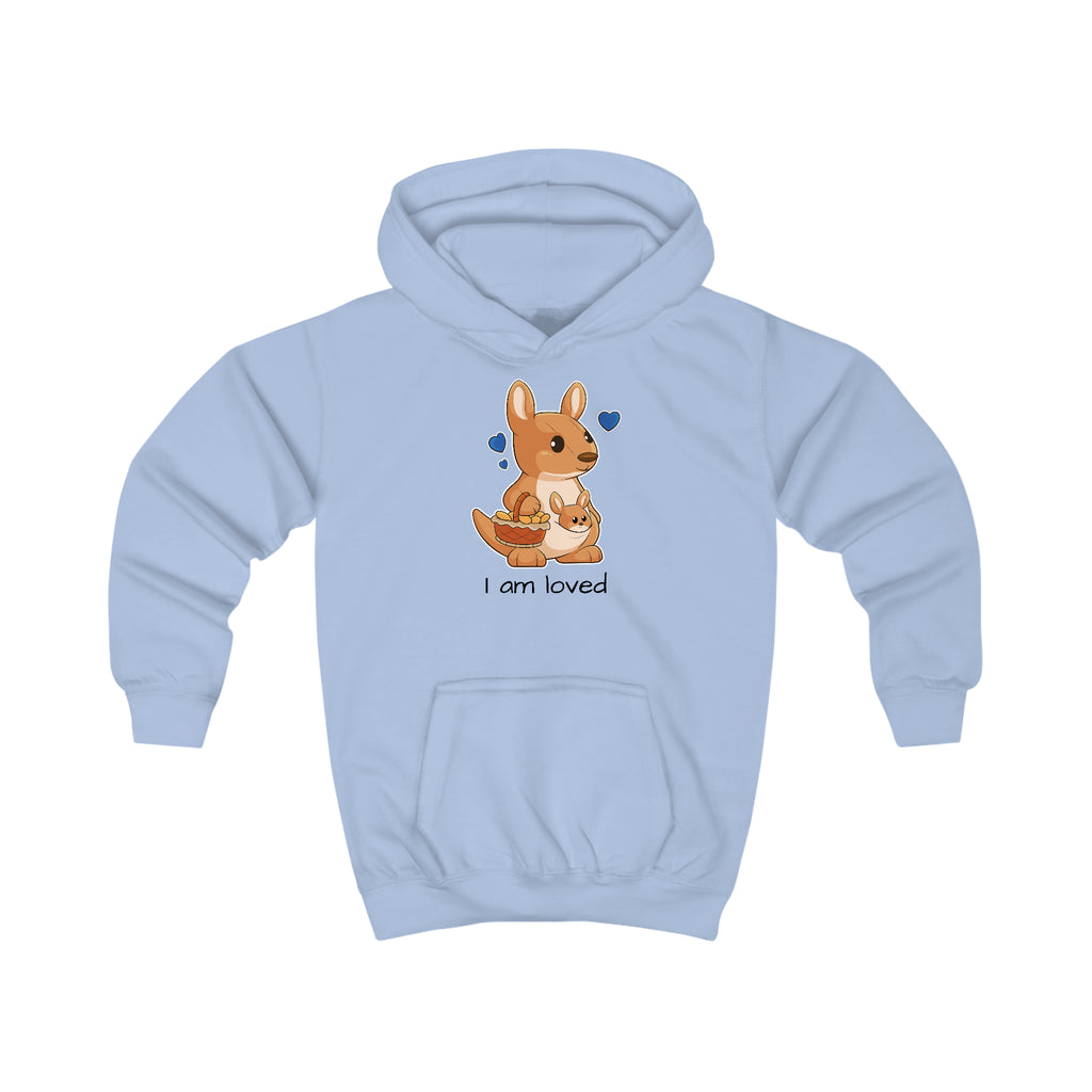 A light blue hoodie with a picture of a kangaroo that says I am loved.