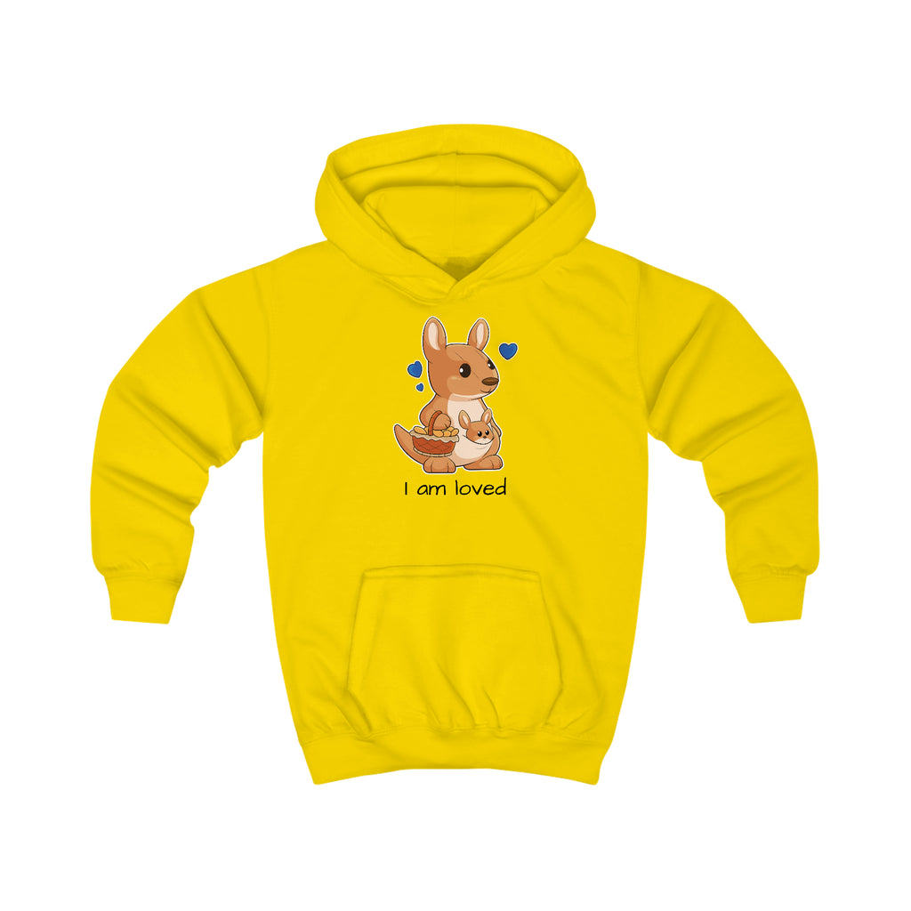 A yellow hoodie with a picture of a kangaroo that says I am loved.