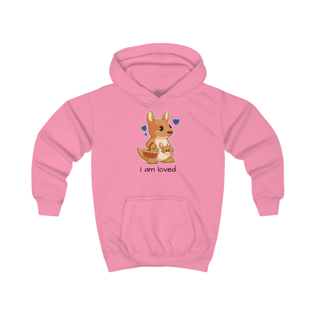 A pink hoodie with a picture of a kangaroo that says I am loved.
