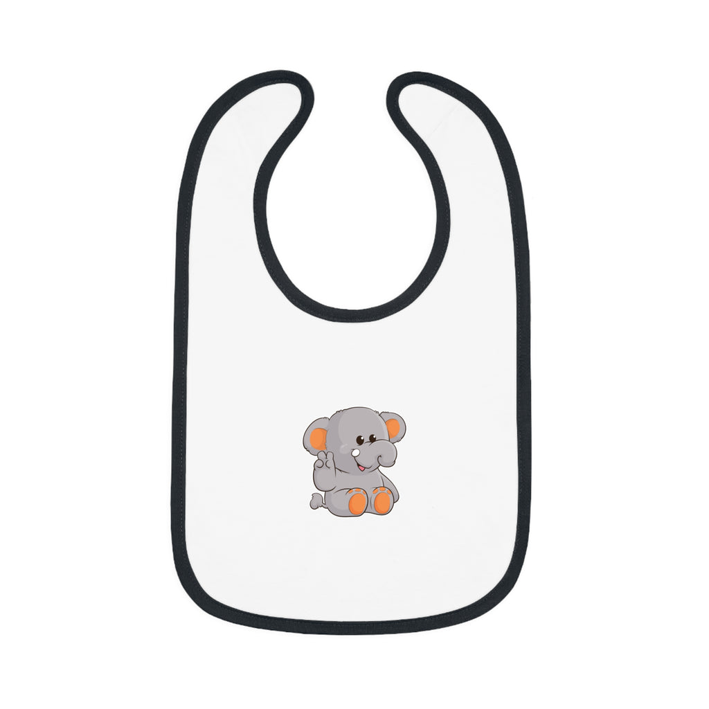 A white baby bib with black trim and a small picture of an elephant.