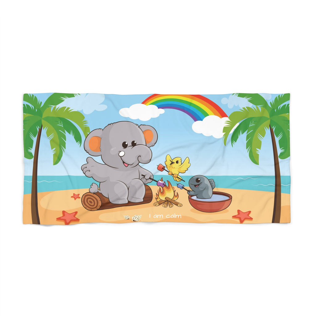A 30 by 60 inch beach towel with a scene of an elephant having a bonfire with a bird and fish on the beach, a rainbow in the background, and the phrase "I am calm" along the bottom.