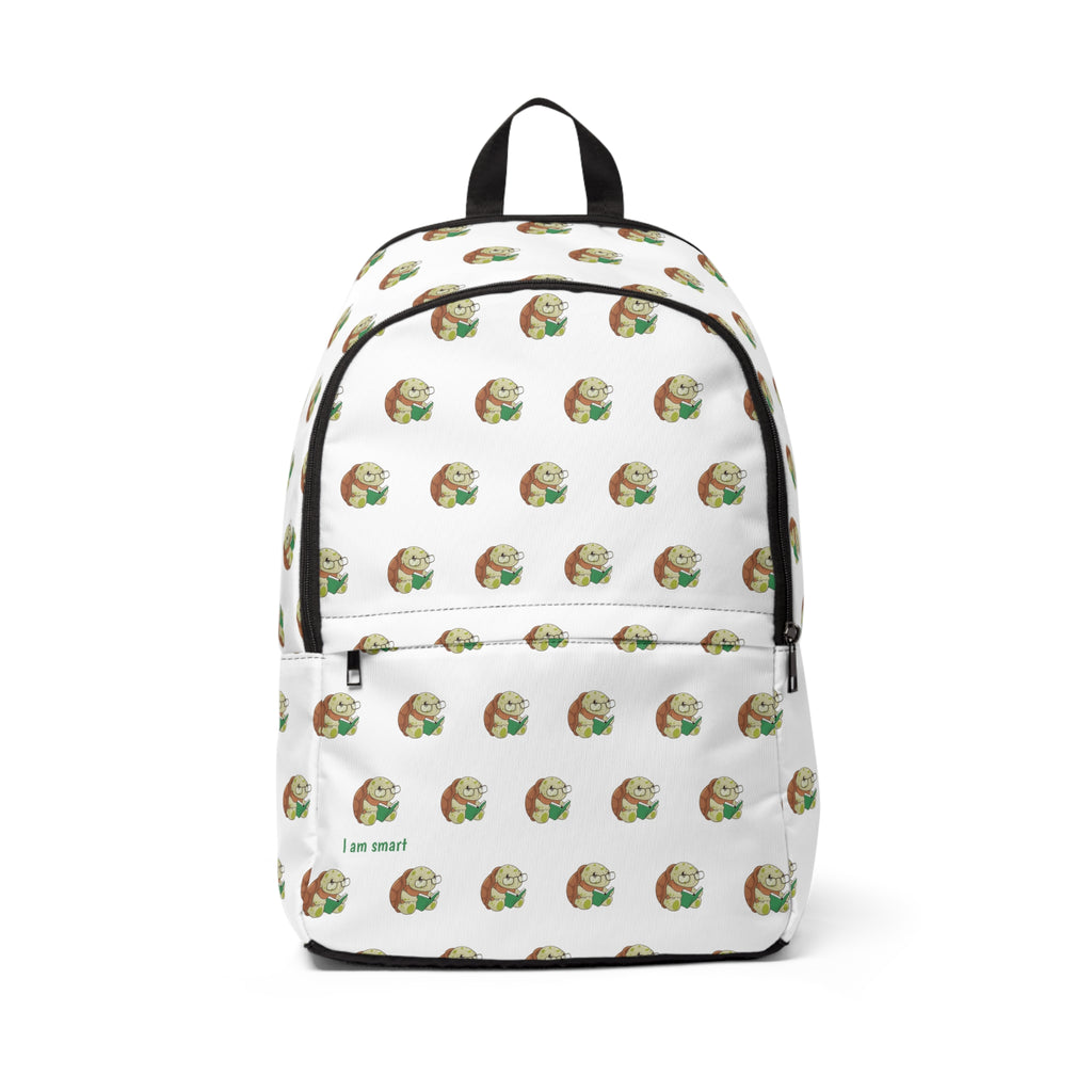 Front-view of a backpack with a repeating pattern of a turtle and the phrase "I am smart" in the bottom left corner of the front.