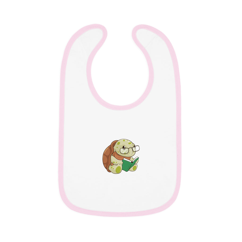 A white baby bib with light pink trim and a small picture of a turtle.