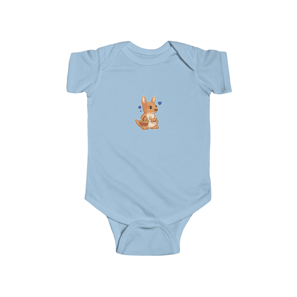 A light blue baby onesie with a picture of a kangaroo.