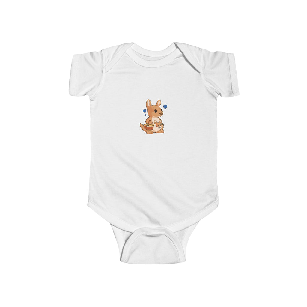 A white baby onesie with a picture of a kangaroo.