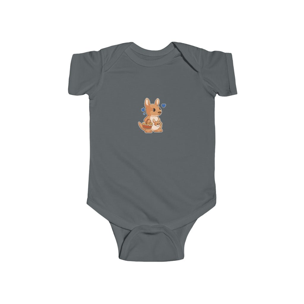 A charcoal grey baby onesie with a picture of a kangaroo.