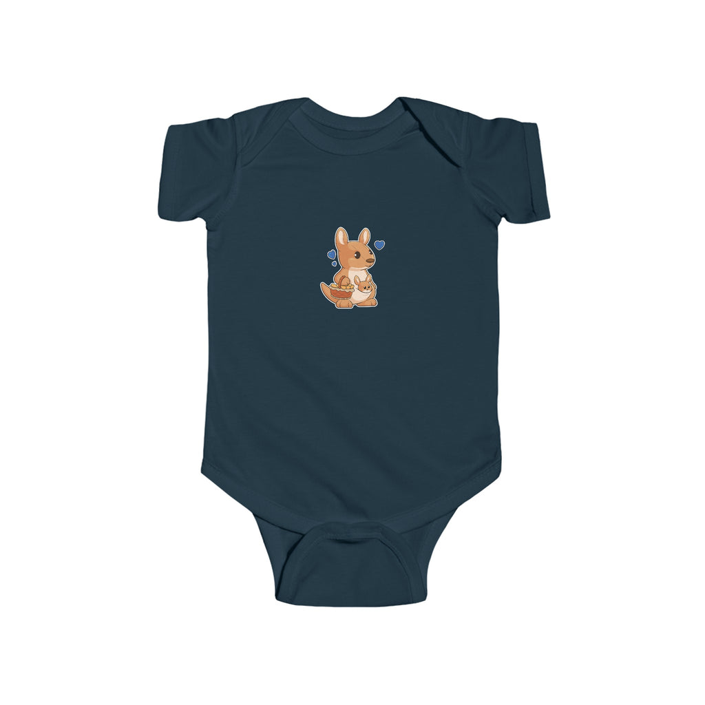 A navy blue baby onesie with a picture of a kangaroo.