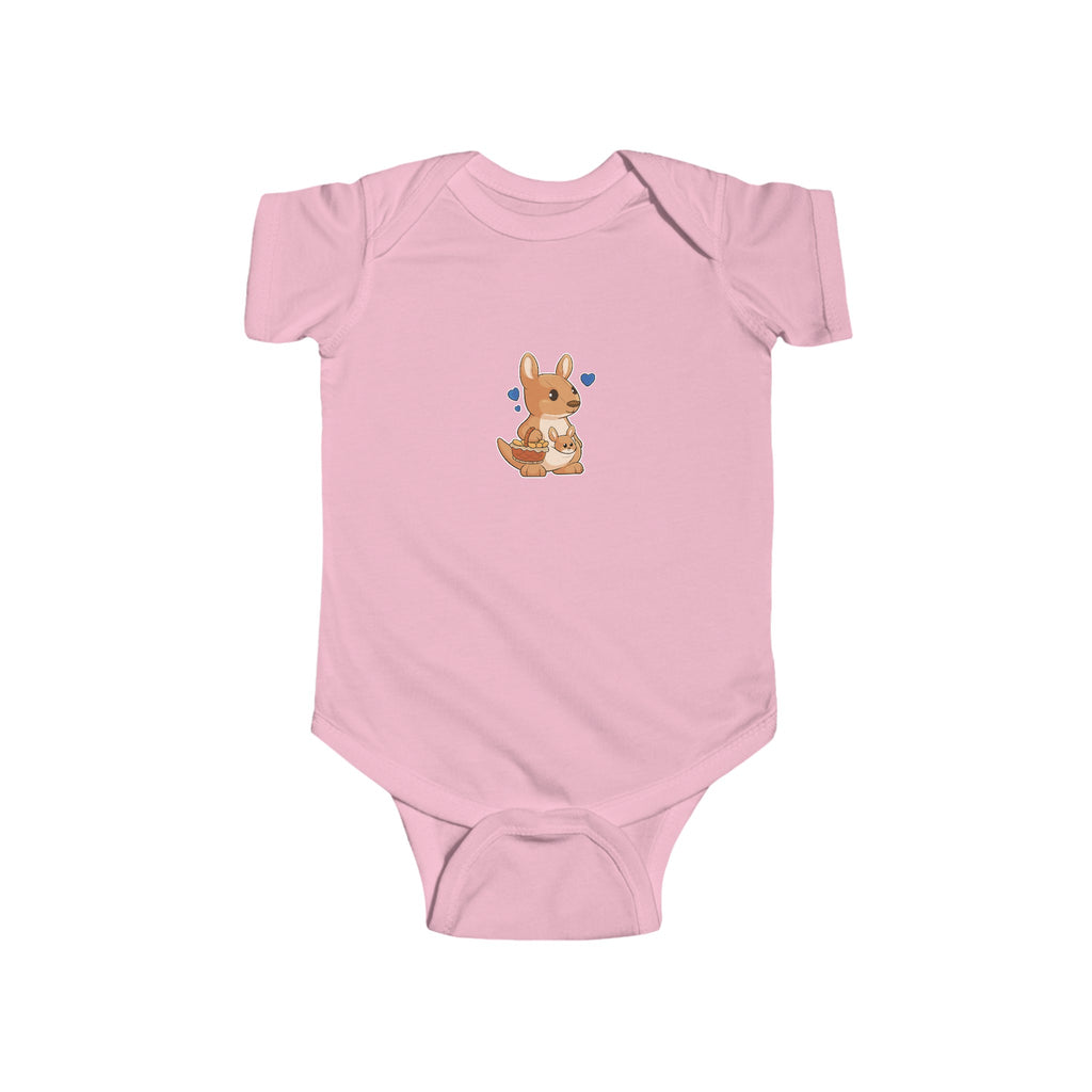 A light pink baby onesie with a picture of a kangaroo.