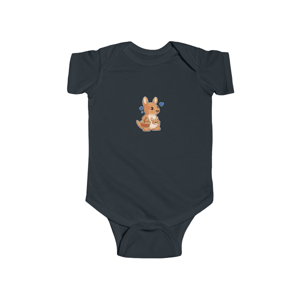 A black baby onesie with a picture of a kangaroo.