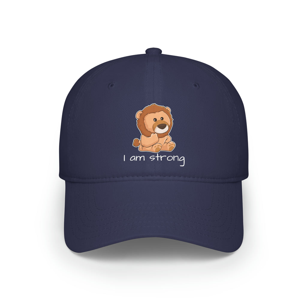 Front-view of a navy blue baseball hat with a picture of a lion that says I am strong.