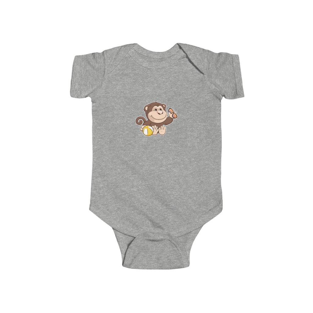 A heather grey baby onesie with a picture of a monkey.