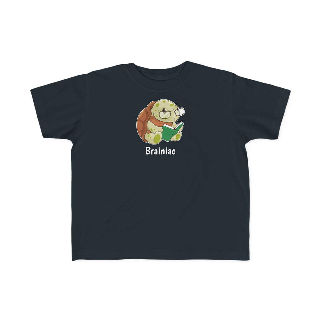 A short-sleeve black shirt with a picture of a turtle that says Brainiac.