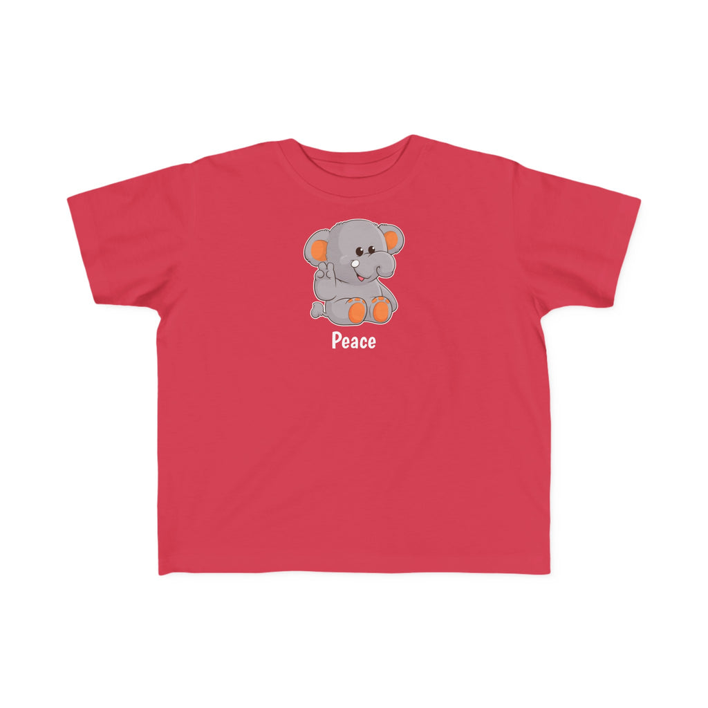 A short-sleeve red shirt with a picture of an elephant that says Peace.