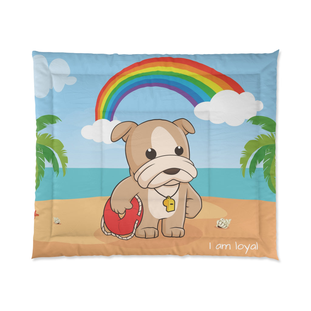 A 104 by 88 inch bed comforter with a scene of a dog lifeguard standing on a beach, a rainbow in the background, and the phrase "I am loyal" along the bottom.