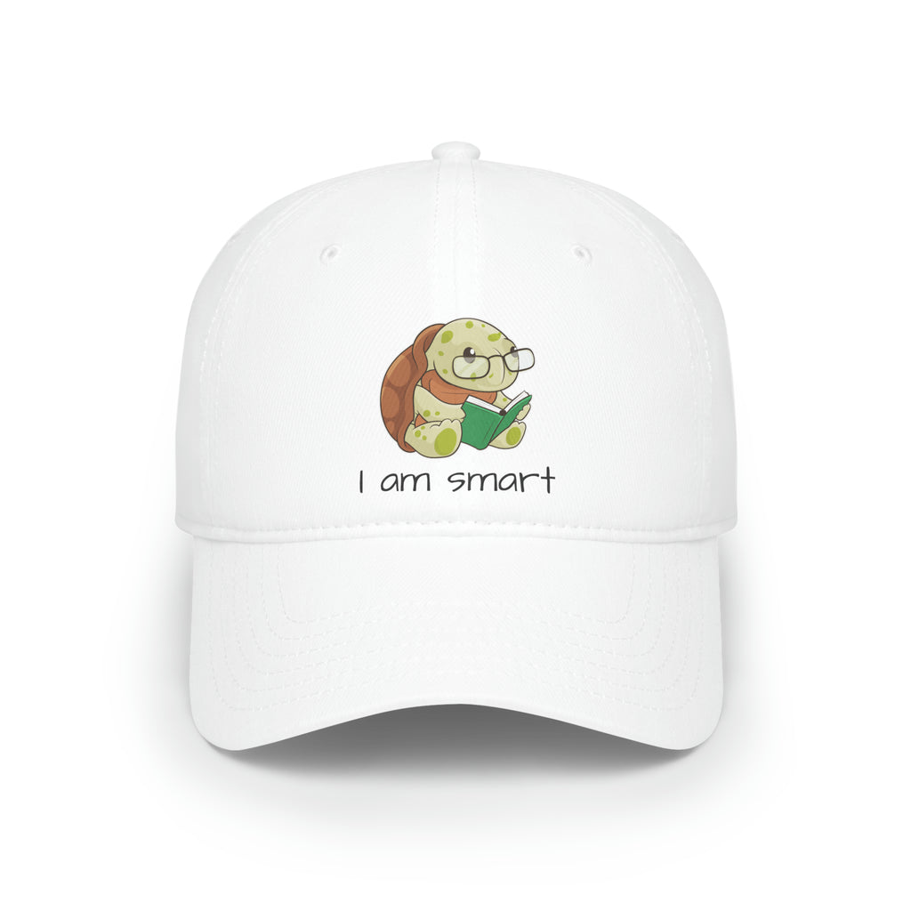 Front-view of a white baseball hat with a picture of a turtle that says I am smart.