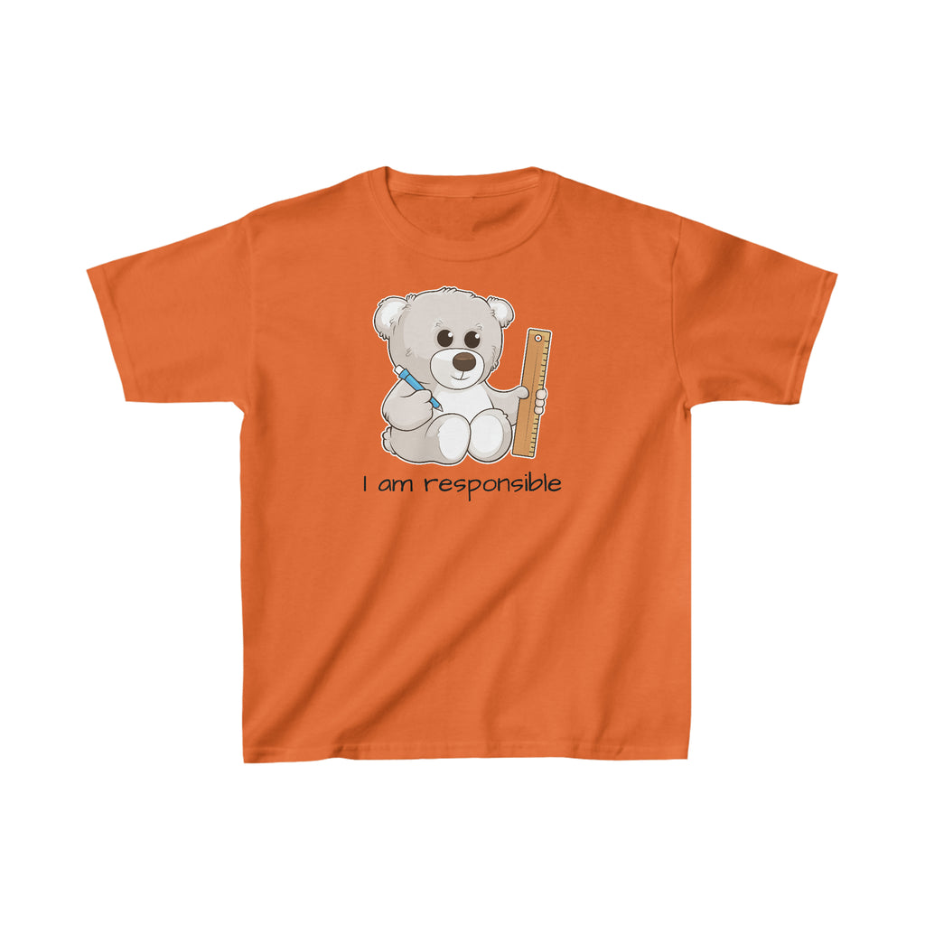 A short-sleeve orange shirt with a picture of a bear that says I am responsible.