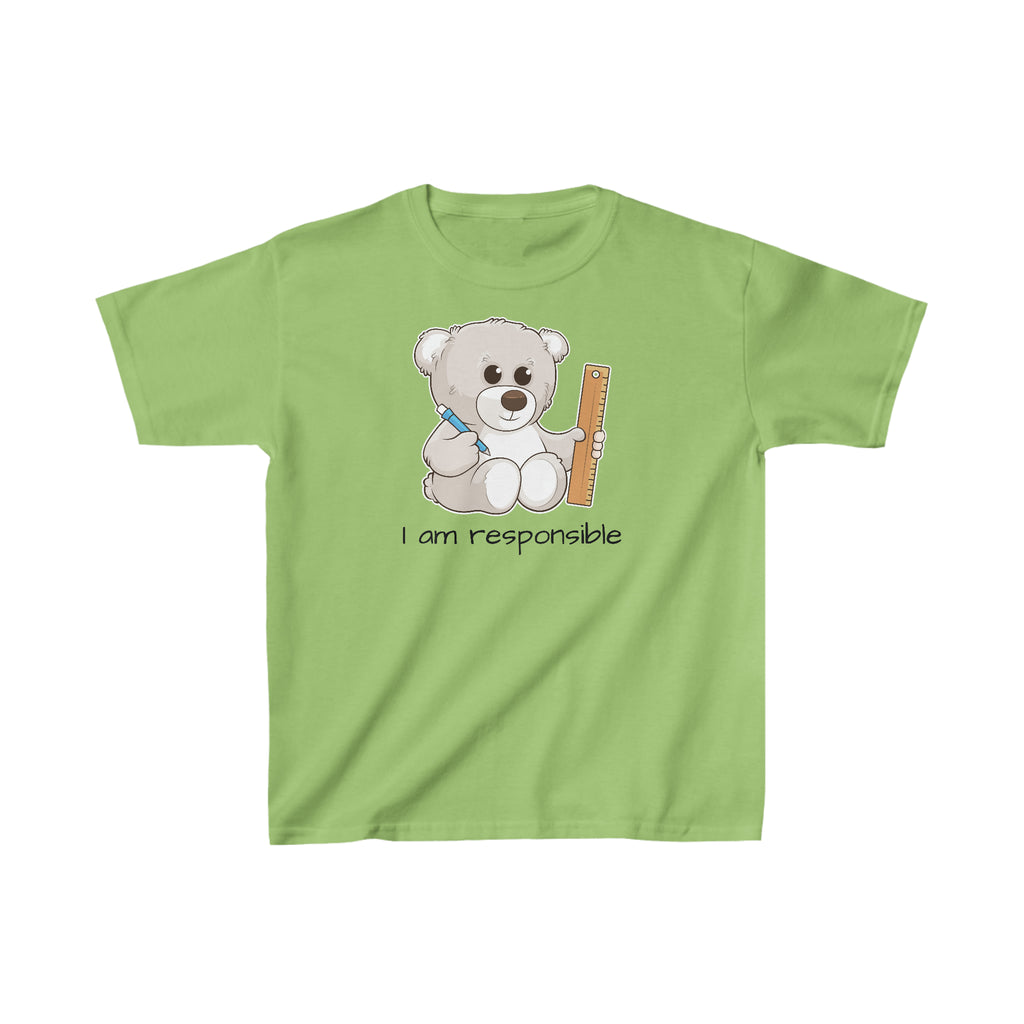 A short-sleeve lime green shirt with a picture of a bear that says I am responsible.
