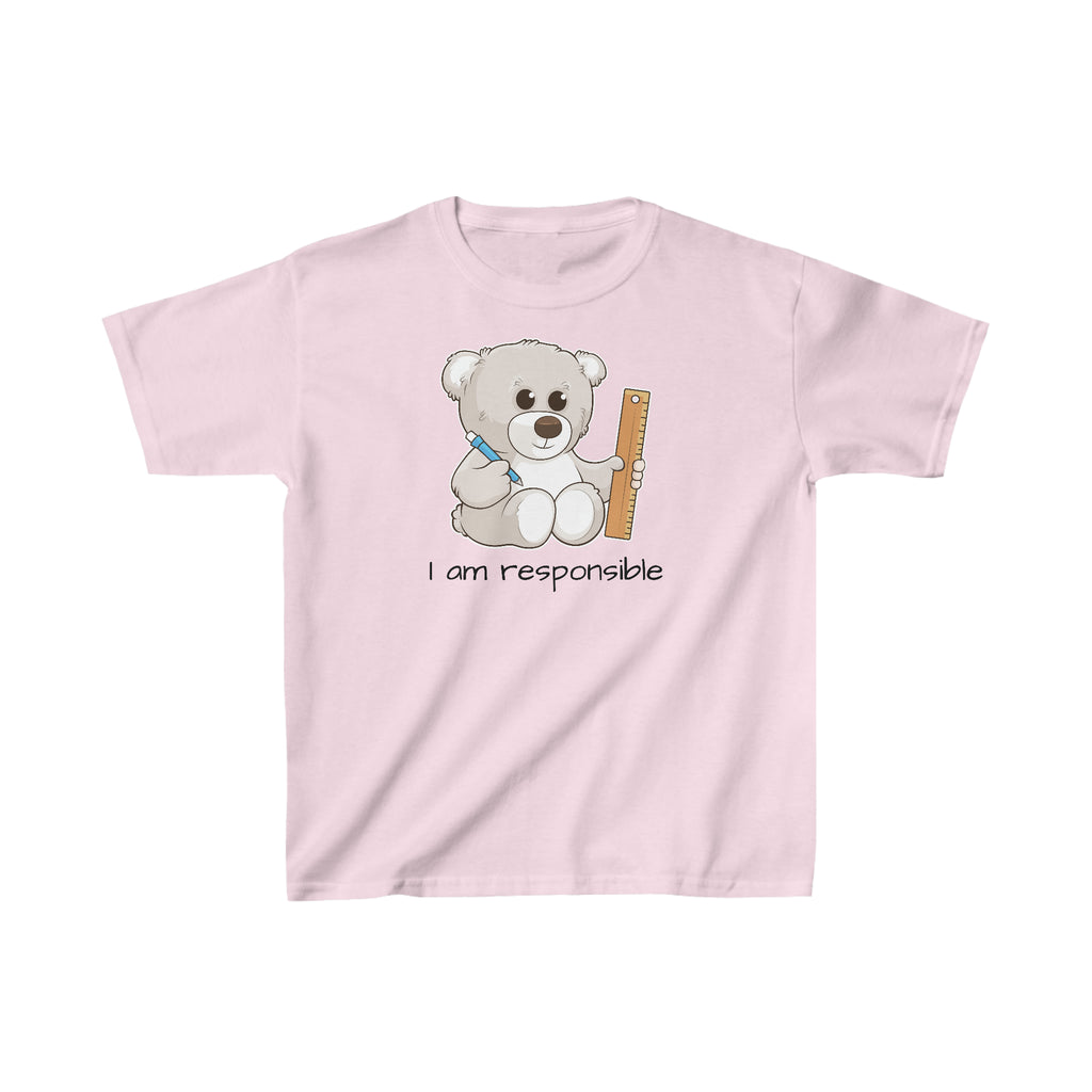 A short-sleeve light pink shirt with a picture of a bear that says I am responsible.