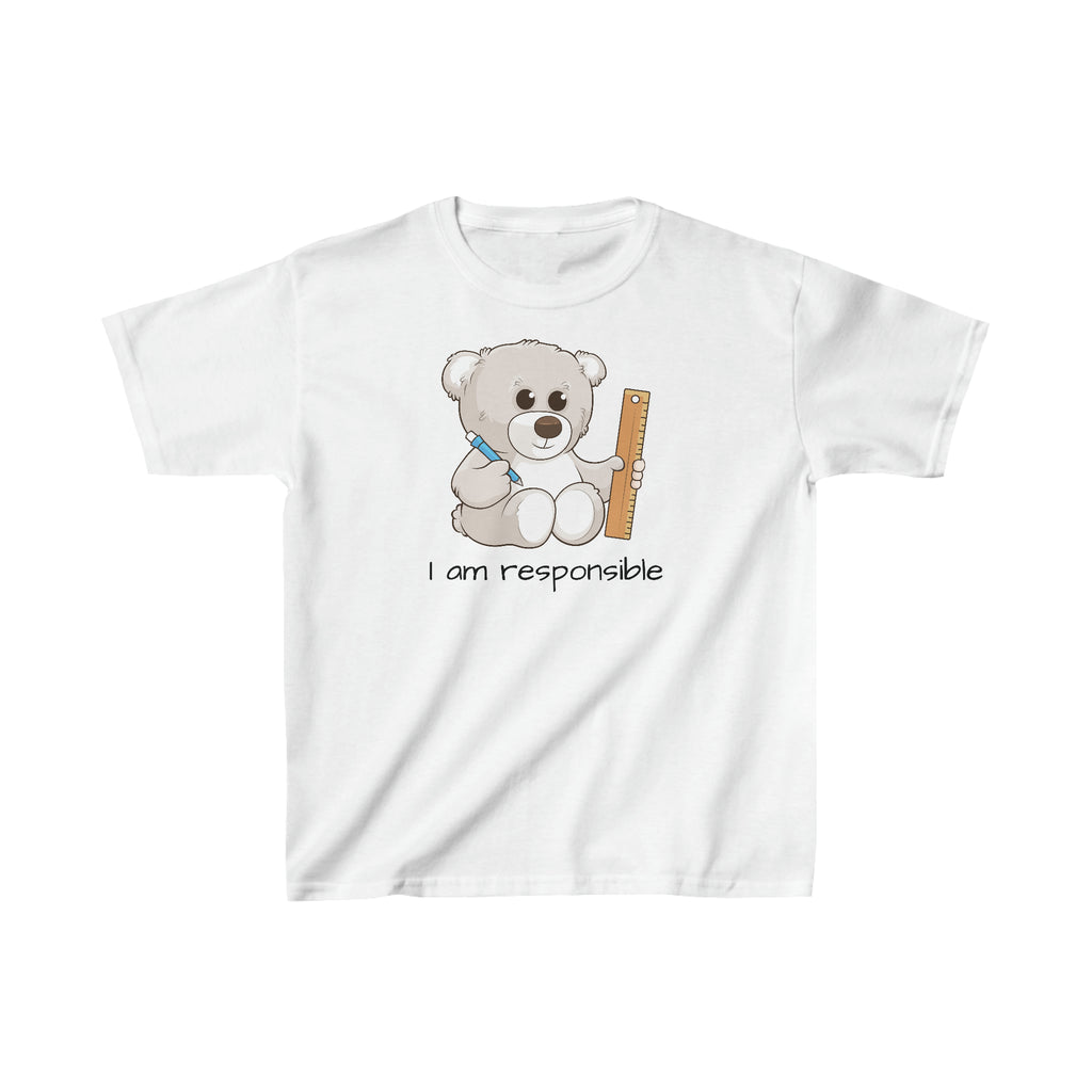A short-sleeve white shirt with a picture of a bear that says I am responsible.