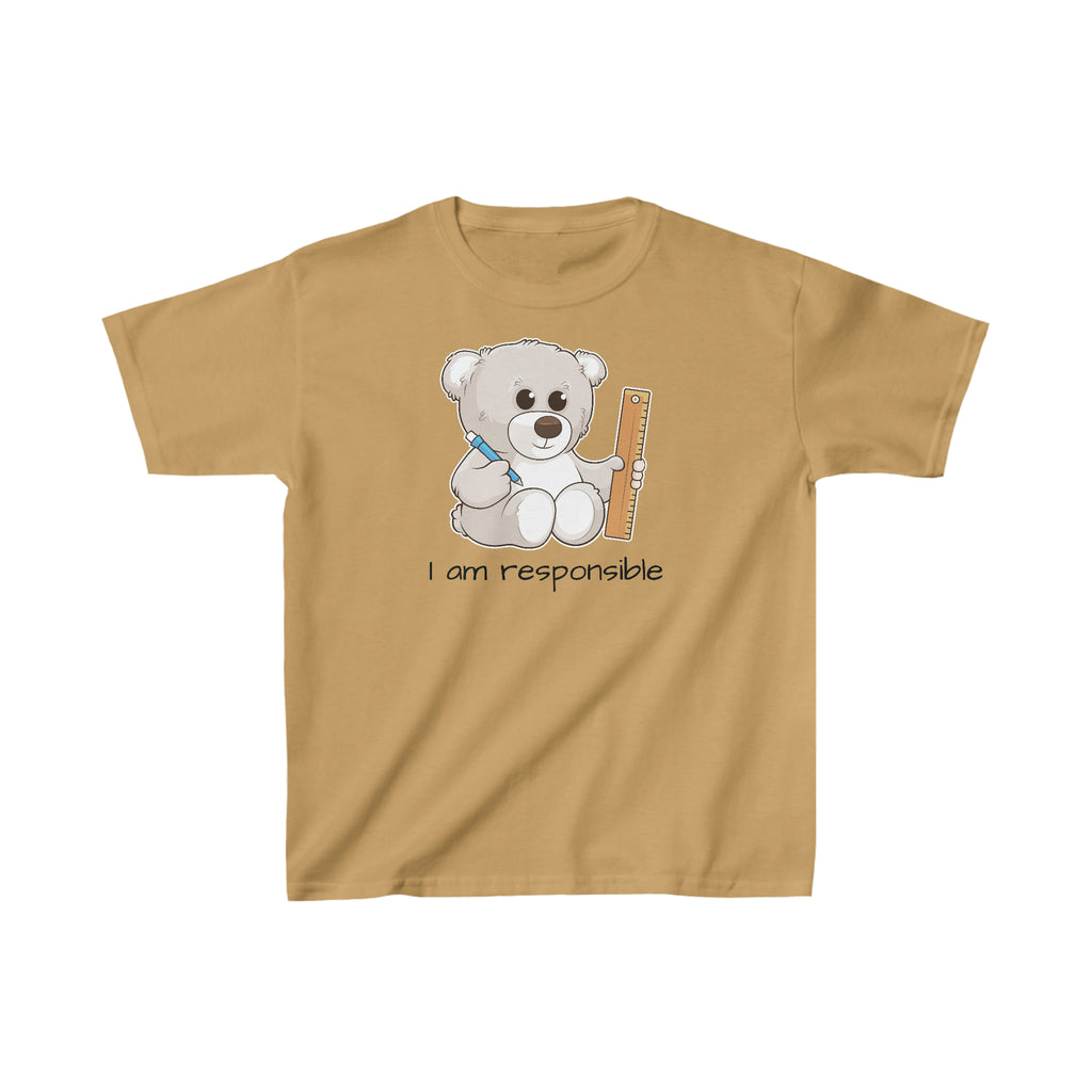 A short-sleeve old gold shirt with a picture of a bear that says I am responsible.