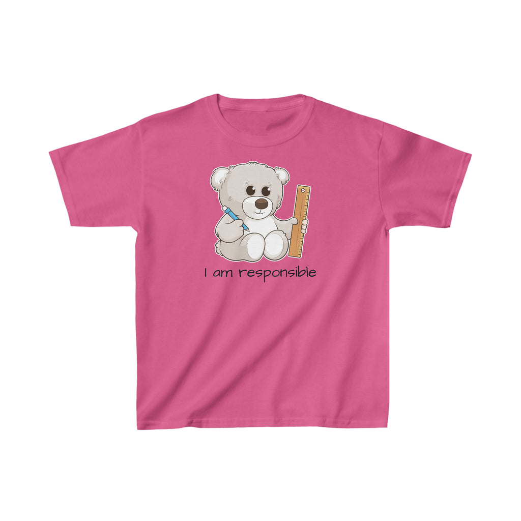 A short-sleeve pink shirt with a picture of a bear that says I am responsible.