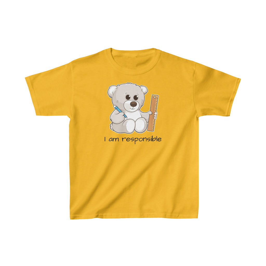 A short-sleeve golden yellow shirt with a picture of a bear that says I am responsible.