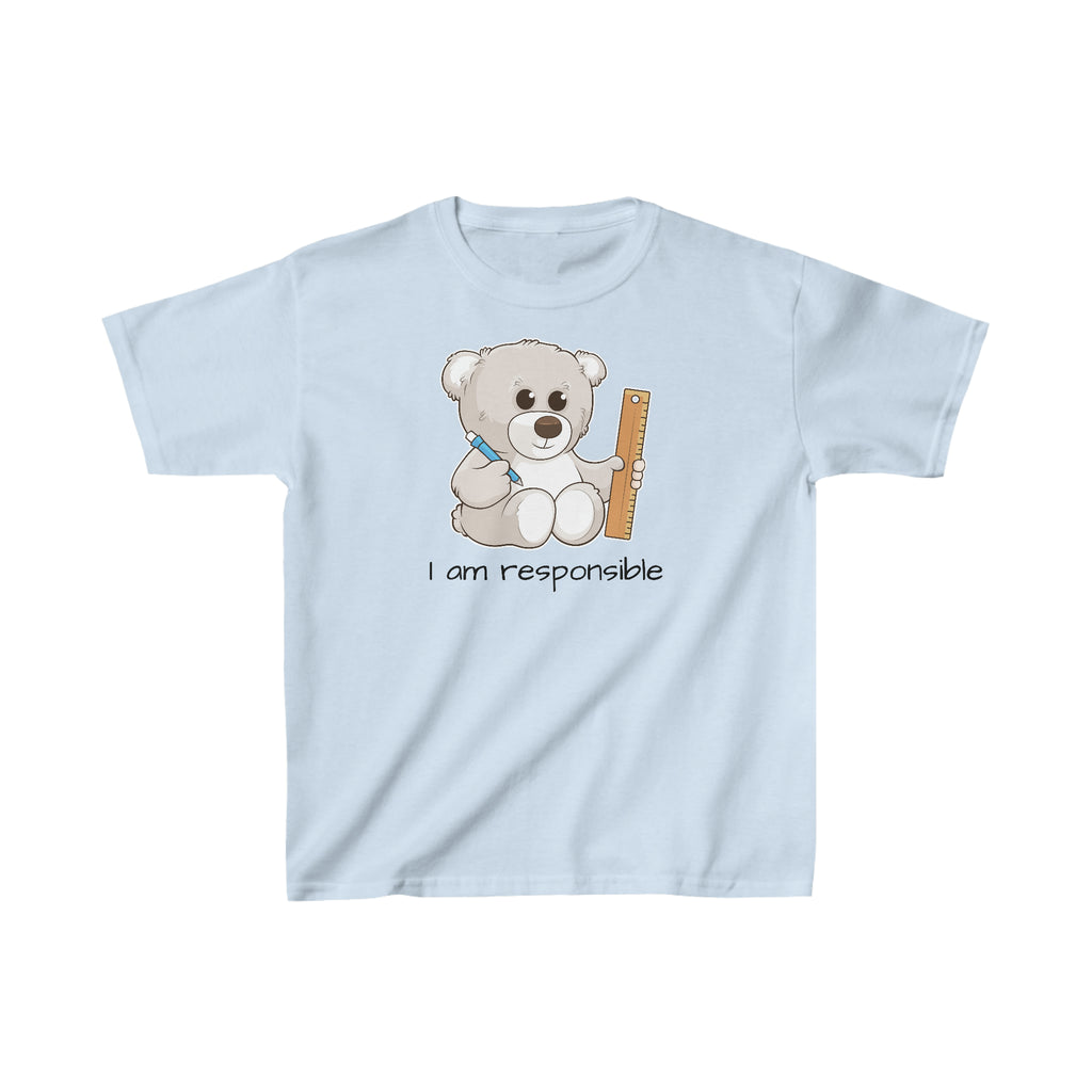 A short-sleeve light blue shirt with a picture of a bear that says I am responsible.