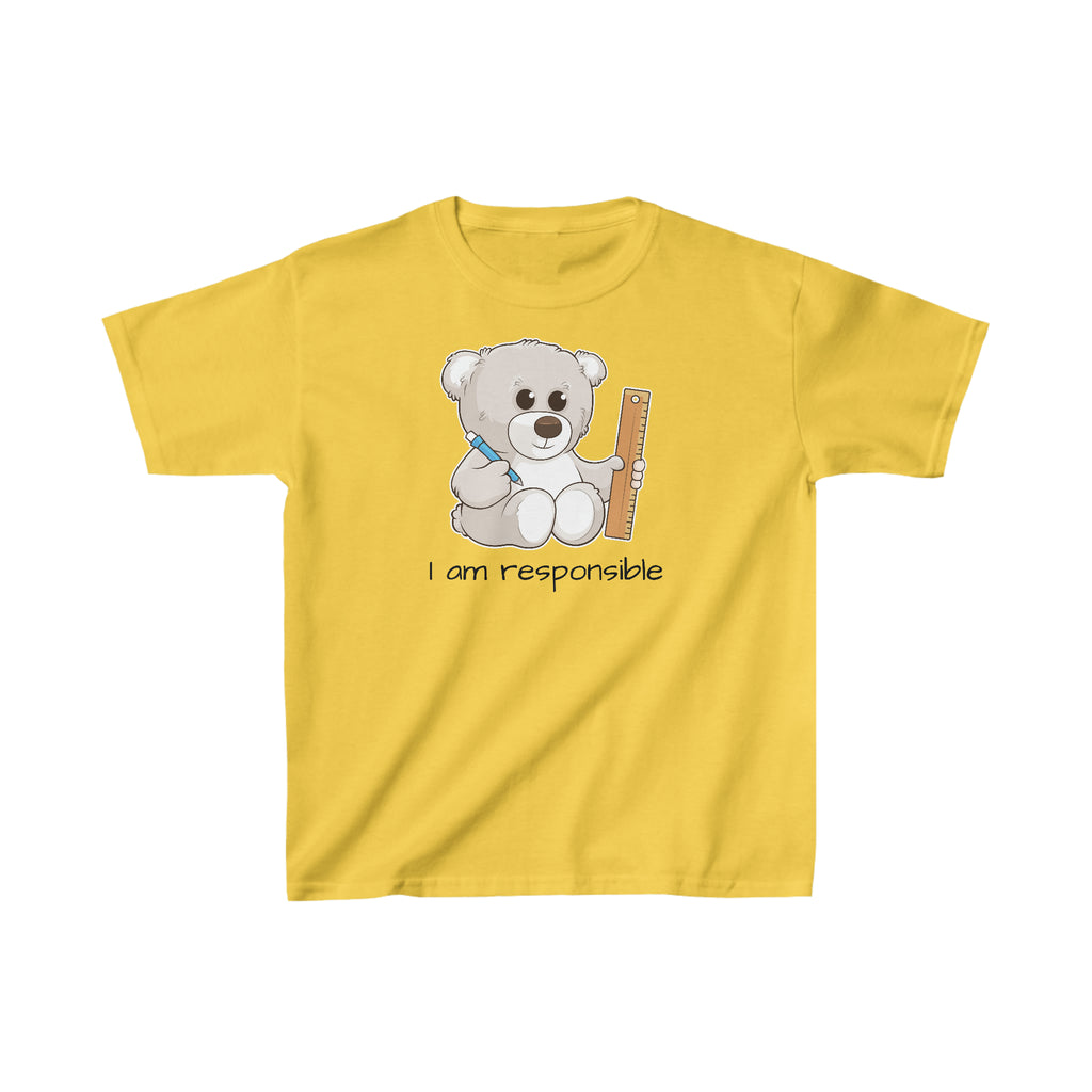 A short-sleeve yellow shirt with a picture of a bear that says I am responsible.