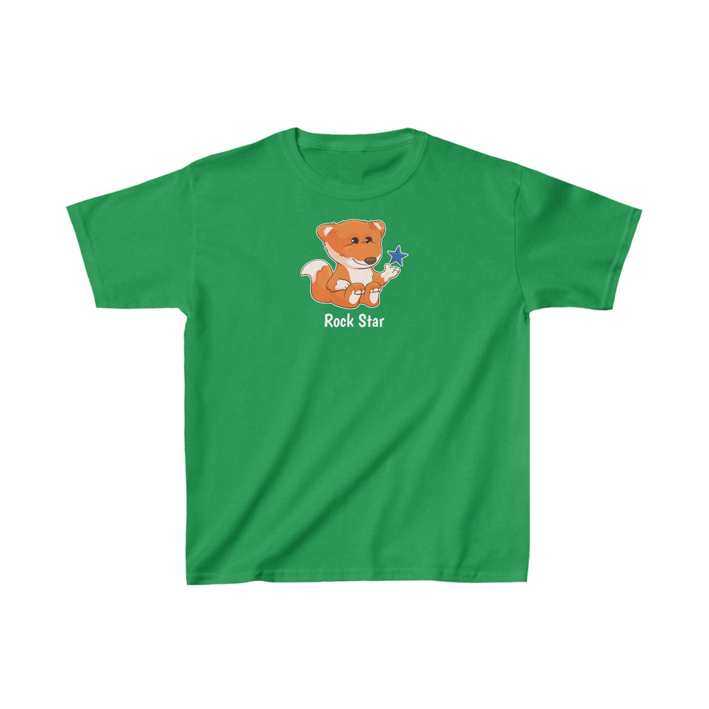 A short-sleeve green shirt with a picture of a fox that says Rock Star.