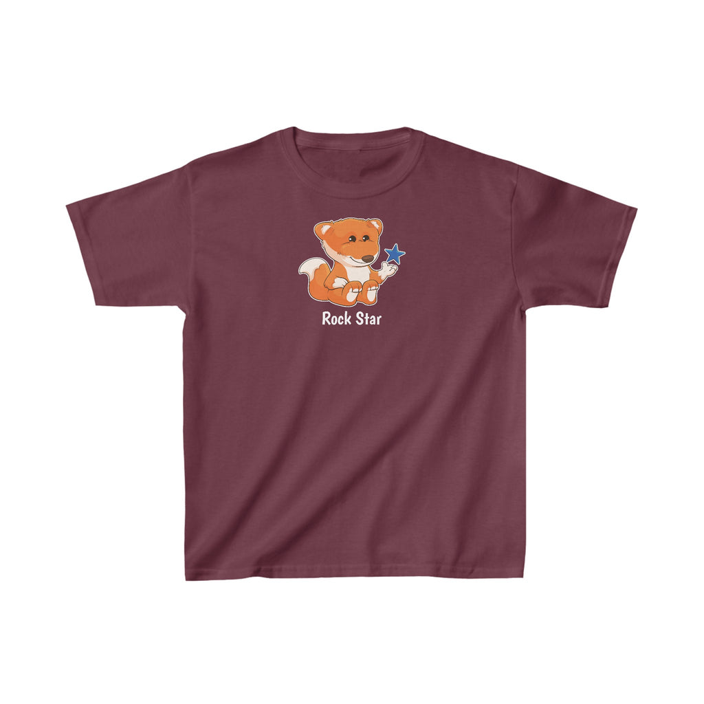 A short-sleeve maroon shirt with a picture of a fox that says Rock Star.