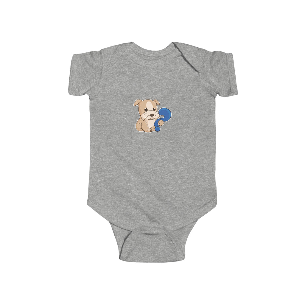 A heather grey baby onesie with a picture of a dog.